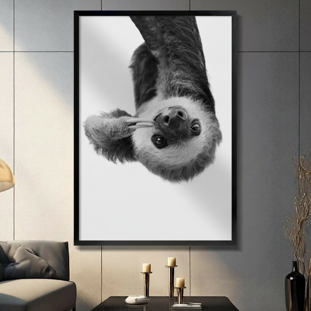 Black and white realistic fluffy sloth hanging upside down making peace sign with claws and staring at viewer black framed canvas art on white background on a dark gray paneled wall above a charcoal sofa with brass candle holders and a black decorative vase