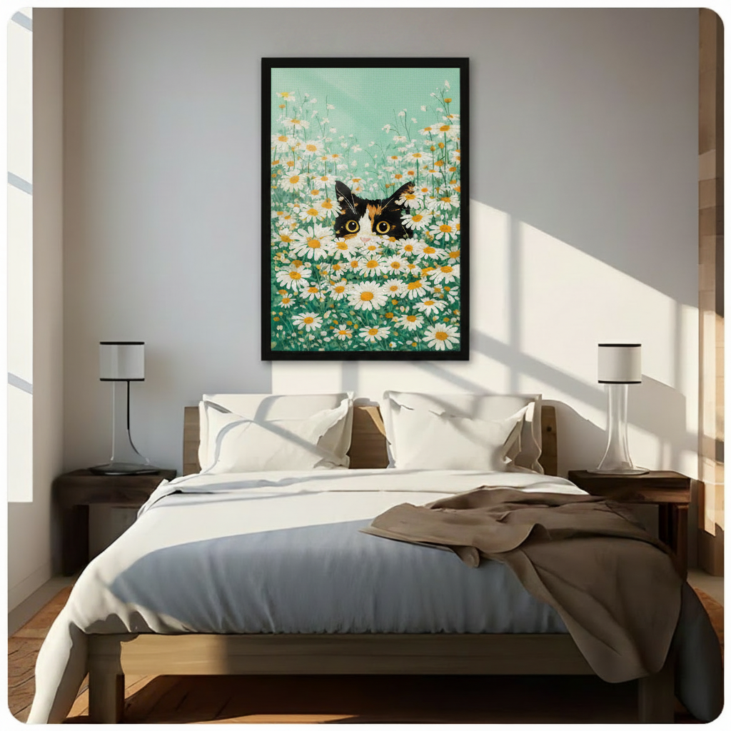 Whimsical calico cat daisy field canvas wall art with black frame hung above wooden bed headboard in bright bedroom, cheerful floral cat illustration decor