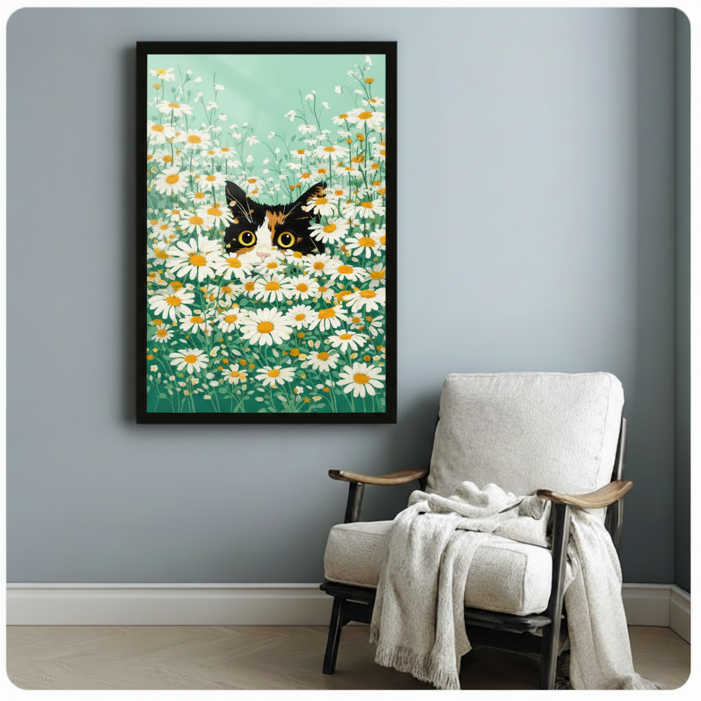 Black framed canvas of curious cat peeking through daisy flowers hung beside white armchair in cozy reading nook, cheerful botanical cat illustration