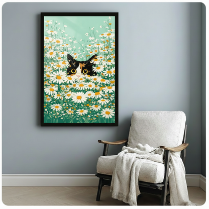 Black framed canvas of curious cat peeking through daisy flowers hung beside white armchair in cozy reading nook, cheerful botanical cat illustration