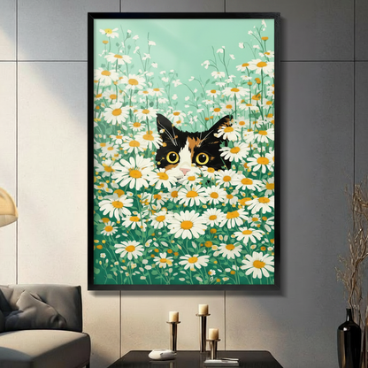 Framed canvas wall art of a curious calico cat peeking through white daisy flower field, mint green botanical illustration style hung in modern living room