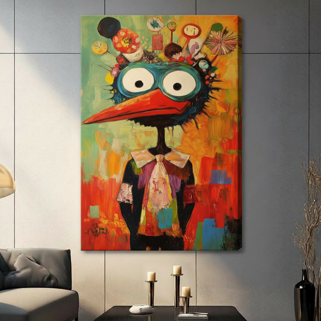 quirky colorful bird character stretched canvas wall art gray living room no frame eclectic decor