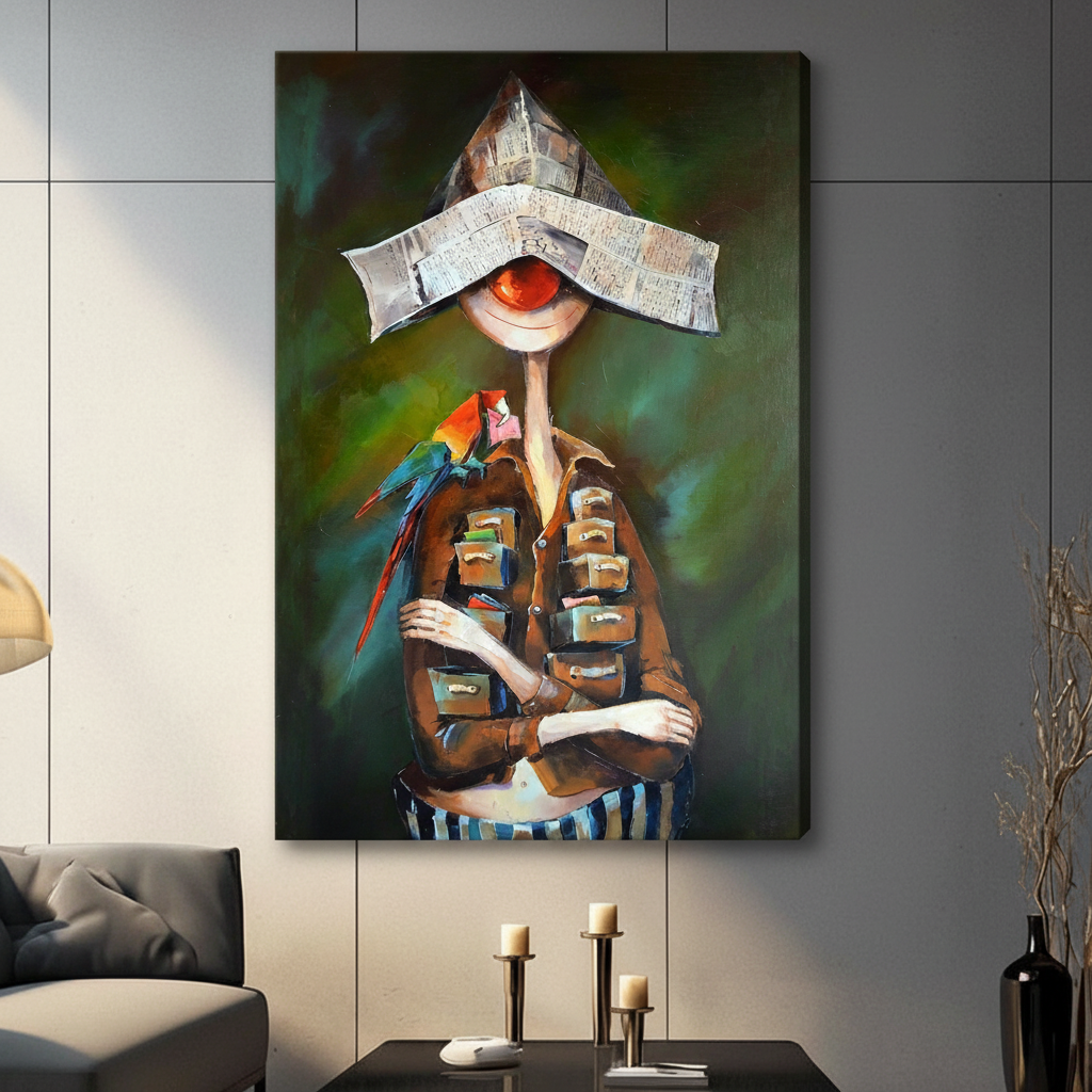 Surreal newspaper hat figure with parrot frameless stretched canvas wall art displayed in modern living room with dark gray tile wall and candlesticks