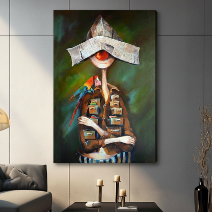 Surreal newspaper hat figure with parrot frameless stretched canvas wall art displayed in modern living room with dark gray tile wall and candlesticks