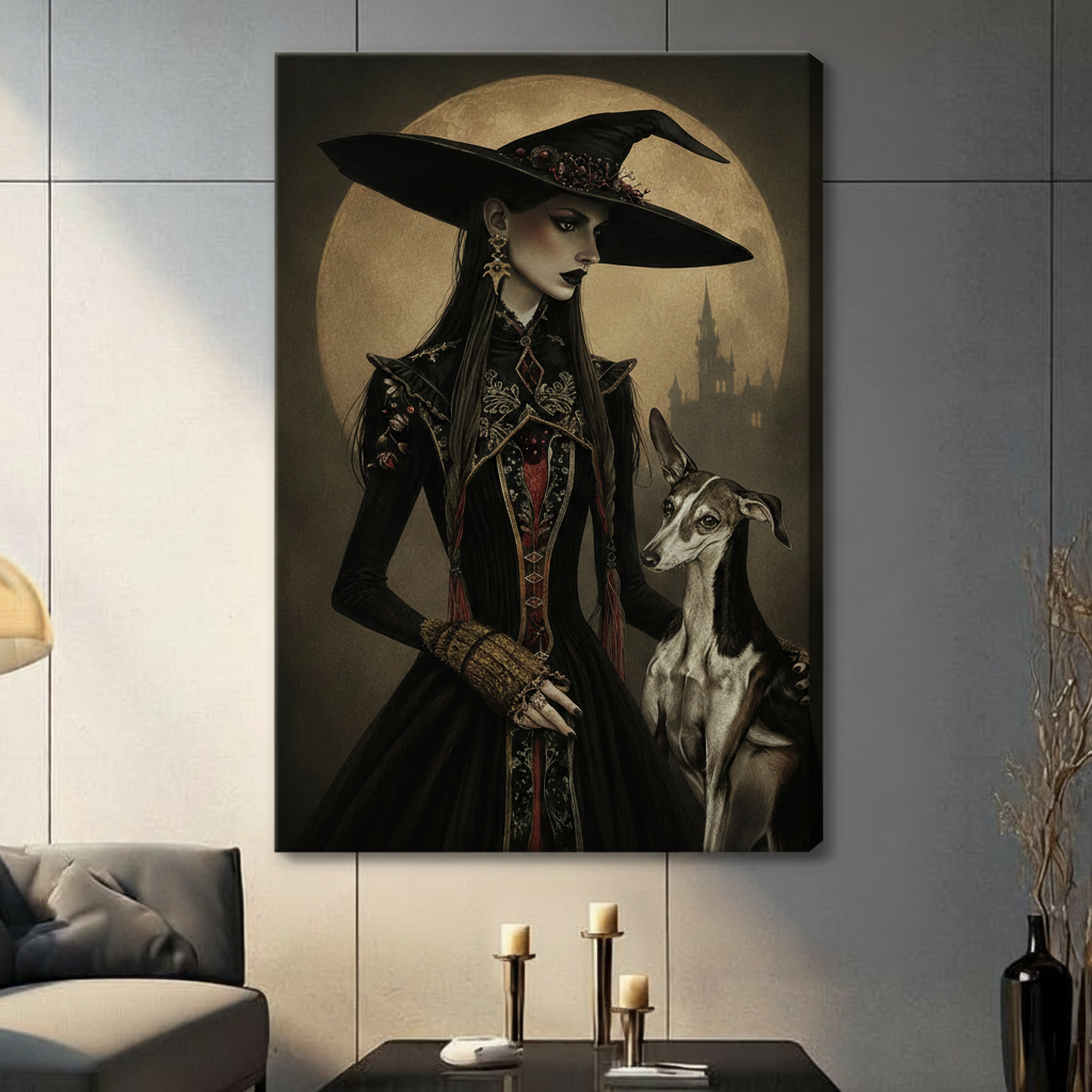 Gothic witch and greyhound full moon castle stretched gallery wrap canvas on dark gray tile wall above console table with candles and black vase