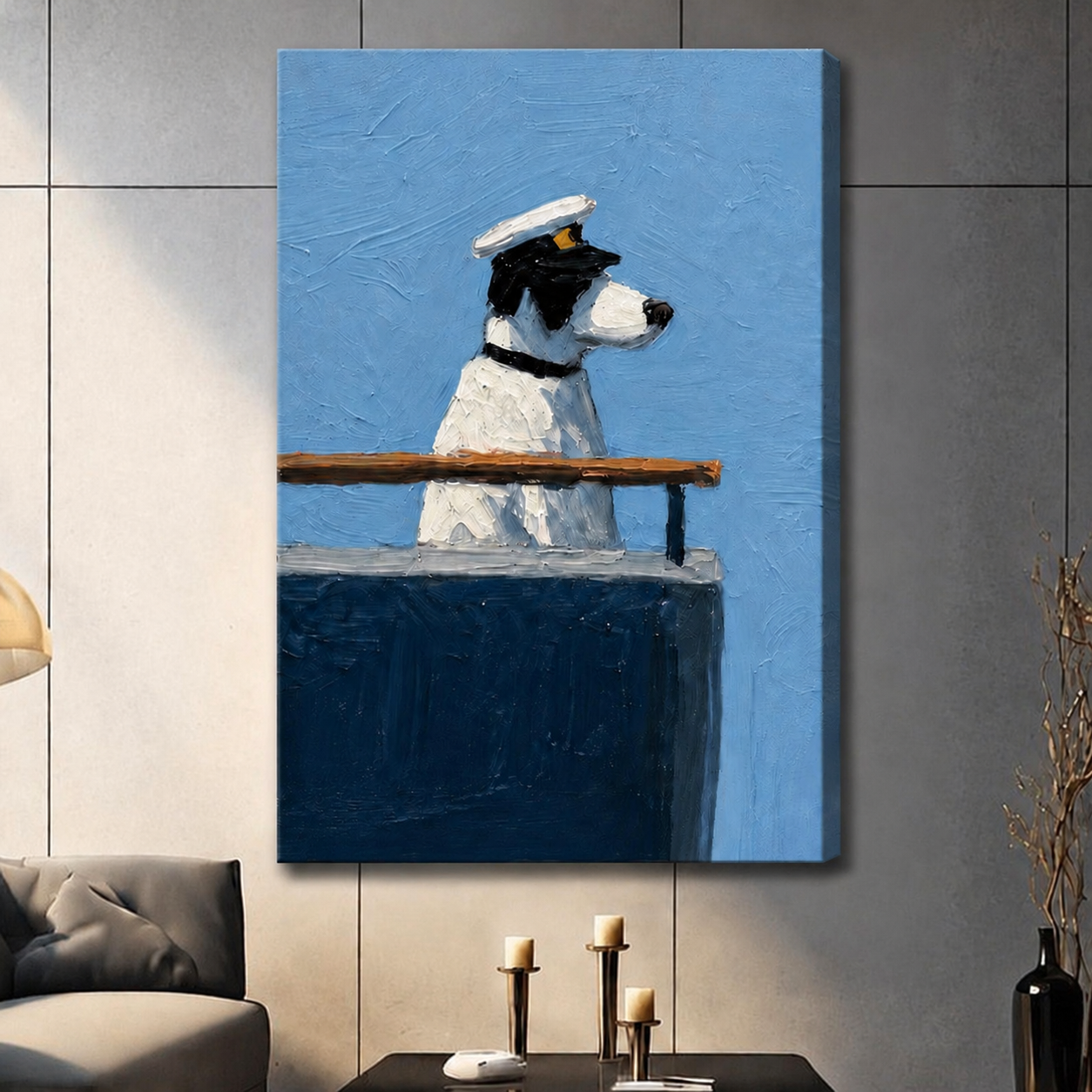 Canvas wall art of a dog in a captain's hat gazing forward on a ship, shown unframed in a contemporary living room setting