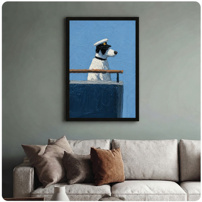 Framed nautical dog painting hung above a beige sofa on a sage green wall, featuring a terrier in a white captain hat
