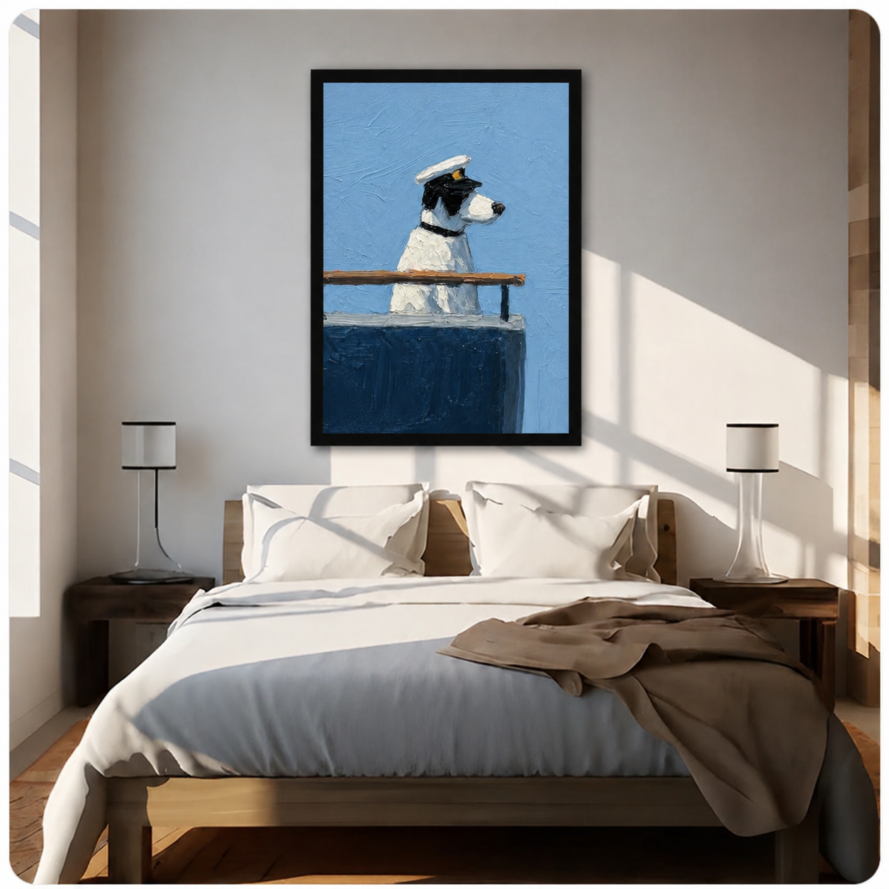 Black-framed captain dog painting displayed above a wooden bed in a bright minimalist bedroom, nautical dog art for home decor
