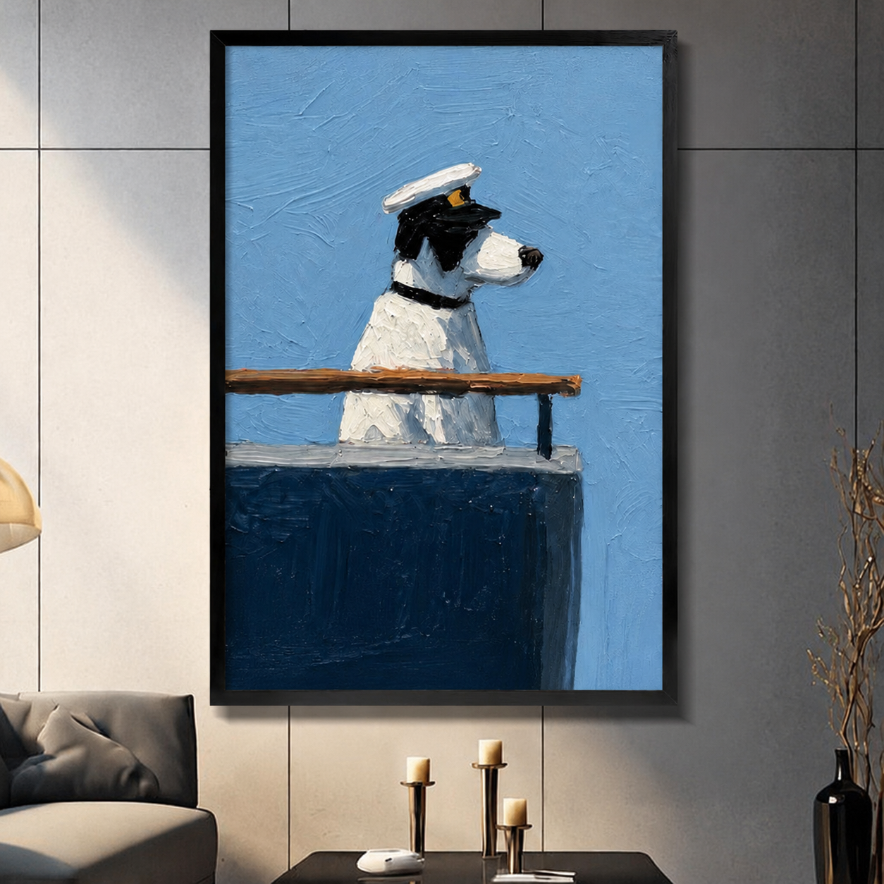 Framed oil painting of a black and white dog wearing a captain hat on a ship deck, displayed in a dark modern living room