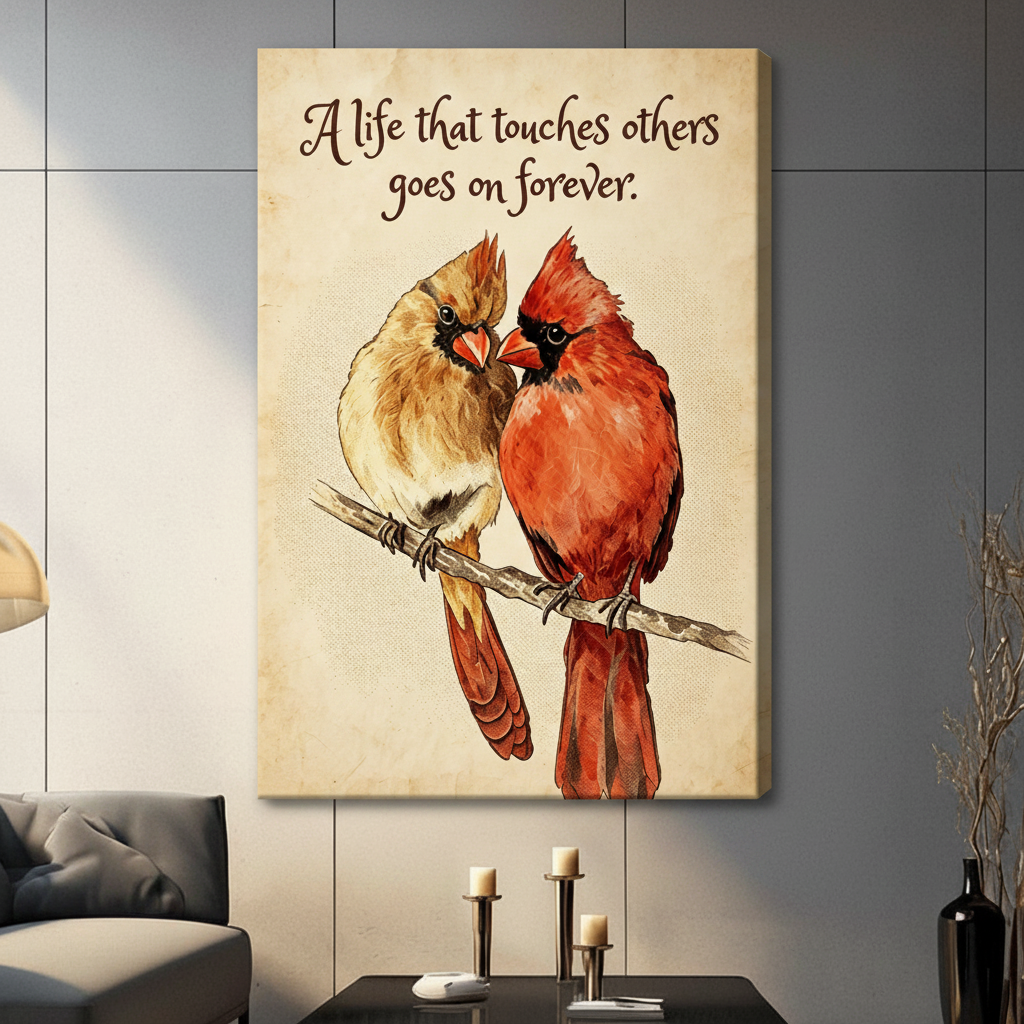 Red male cardinal and brown female cardinal on a branch with inspirational quote on an aged parchment background vintage bird wall art stretched canvas in a living room with gray sofa candle holders and black vase