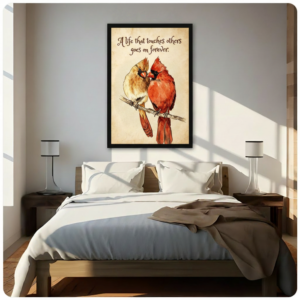 Red and brown cardinal birds facing each other on a branch with quote a life that touches others goes on forever on an antique parchment background vintage inspirational bird art framed print above a bedroom with white linen bedding dark wood bed frame and white table lamps