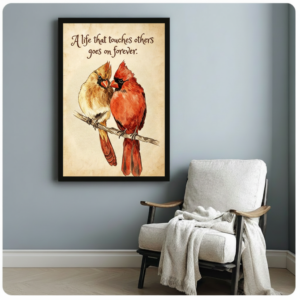 A pair of cardinals a vivid red male and warm brown female touching beaks on a twig with handwritten quote a life that touches others goes on forever vintage nature art framed print beside a white linen armchair with a cozy throw blanket