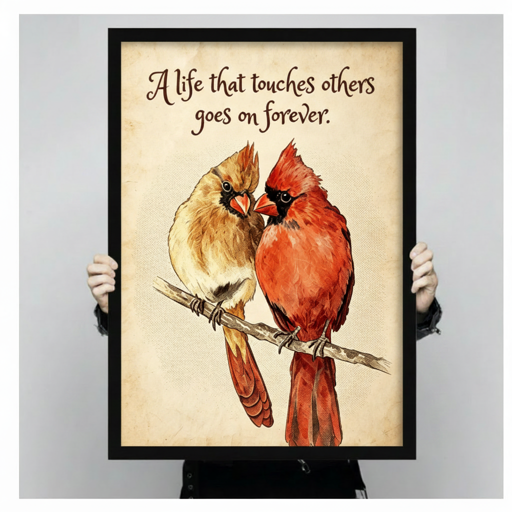 Northern cardinal couple on a branch with inspirational script quote on a vintage parchment background meaningful bird wall art framed print held against a light gray background