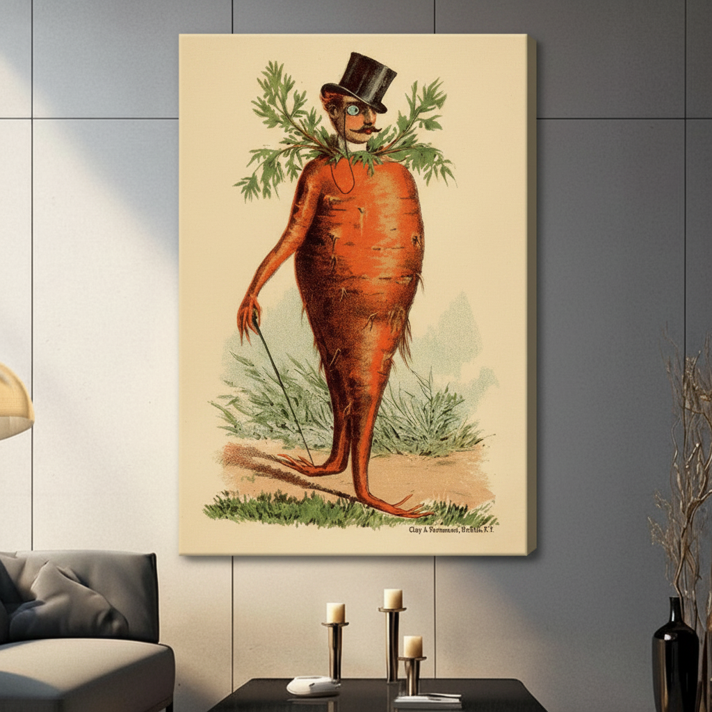 Antique-style carrot man illustration on frameless canvas wrap, hung on a grey wall in a contemporary living room