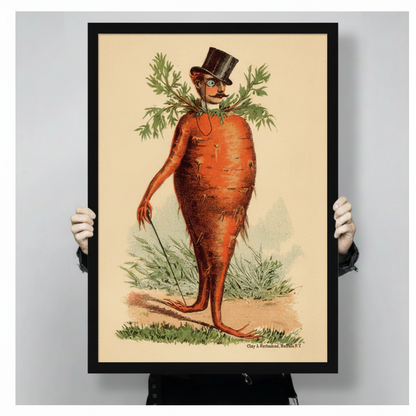 Close-up of a black-framed vintage carrot gentleman art print held by hands, showing fine illustration detail and warm cream background