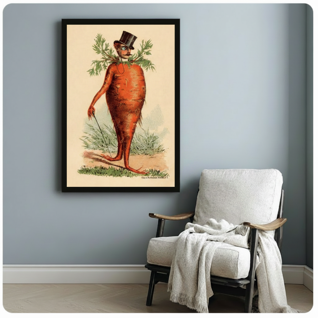 Victorian carrot gentleman framed wall poster in black frame, styled above a linen armchair in a soft blue-grey room