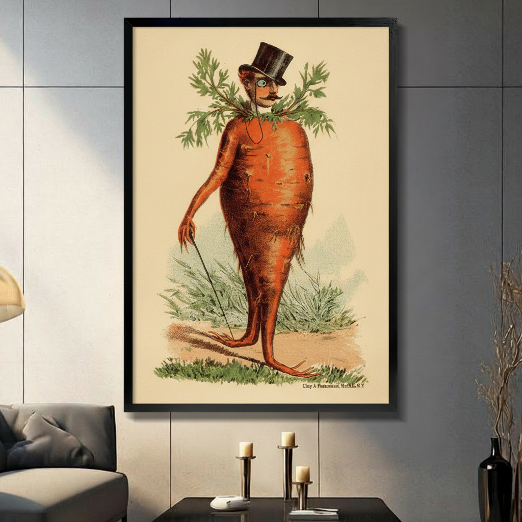 Vintage anthropomorphic carrot gentleman art print in black frame, displayed above a console table in a modern living room