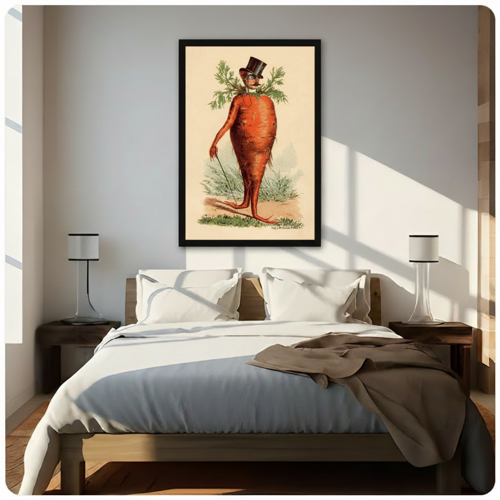 Framed antique carrot man print mounted above a wooden bed in a sunlit minimalist bedroom with white bedding