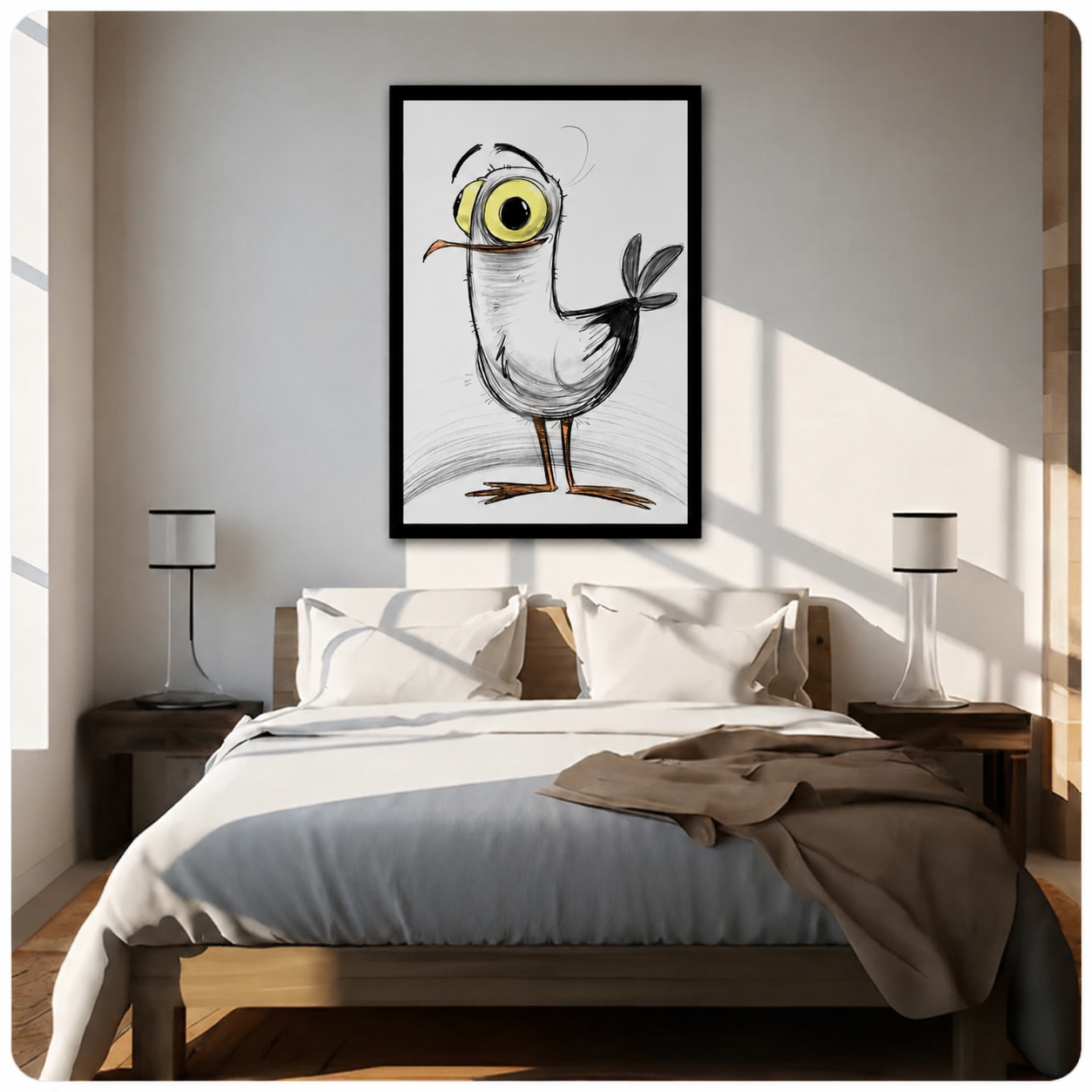 Cartoon big-eyed bird framed wall art hanging above bed in bright minimalist bedroom, pencil sketch print decor