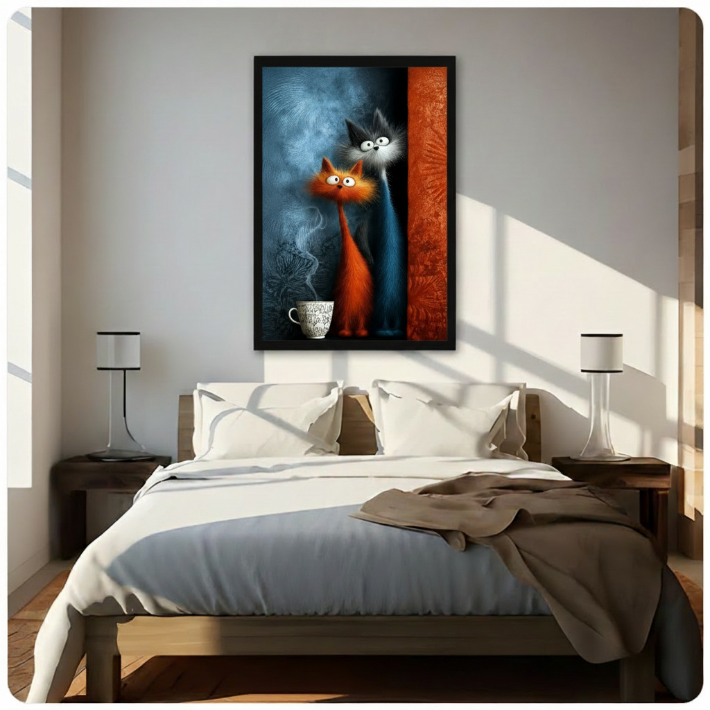 Framed whimsical canvas art of an orange and grey cat couple with a steaming teacup displayed above a bed in a bright modern bedroom with warm wood furniture — playful cat wall decor for home
