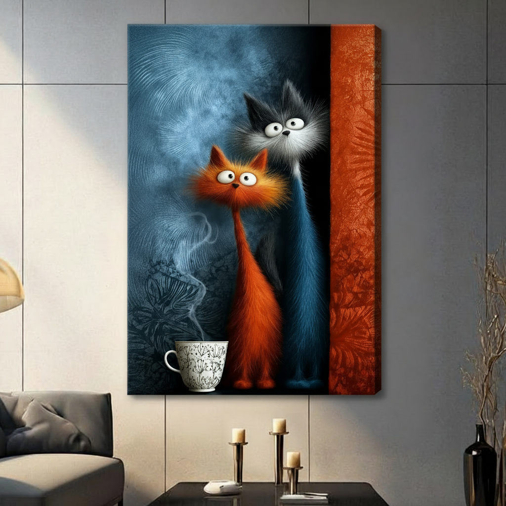 Stretched canvas print of a quirky orange and dark grey cat pair with wide eyes next to a steaming teacup, set against a swirling blue-grey background and bold orange panel, gallery-wrapped in a contemporary living space