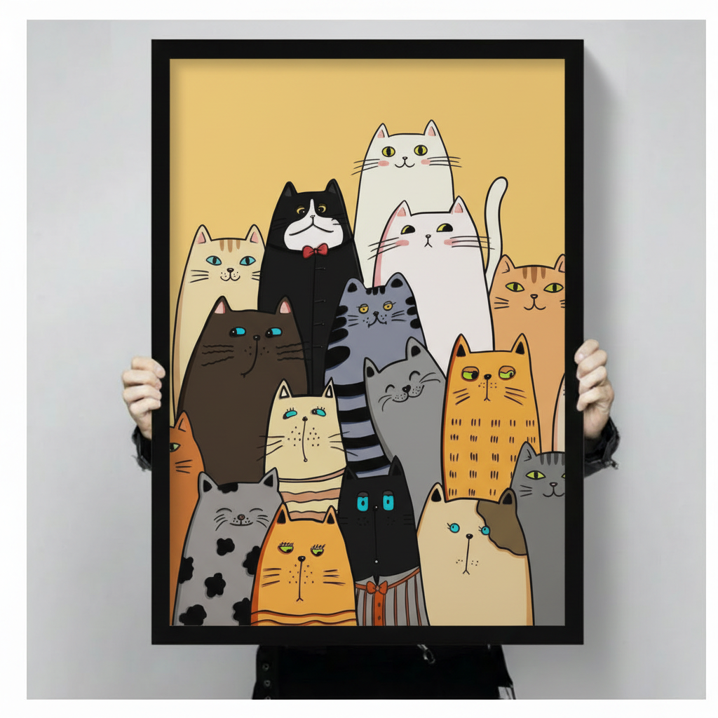 Hand-held black framed art print showcasing a playful cartoon cat family illustration on mustard yellow background