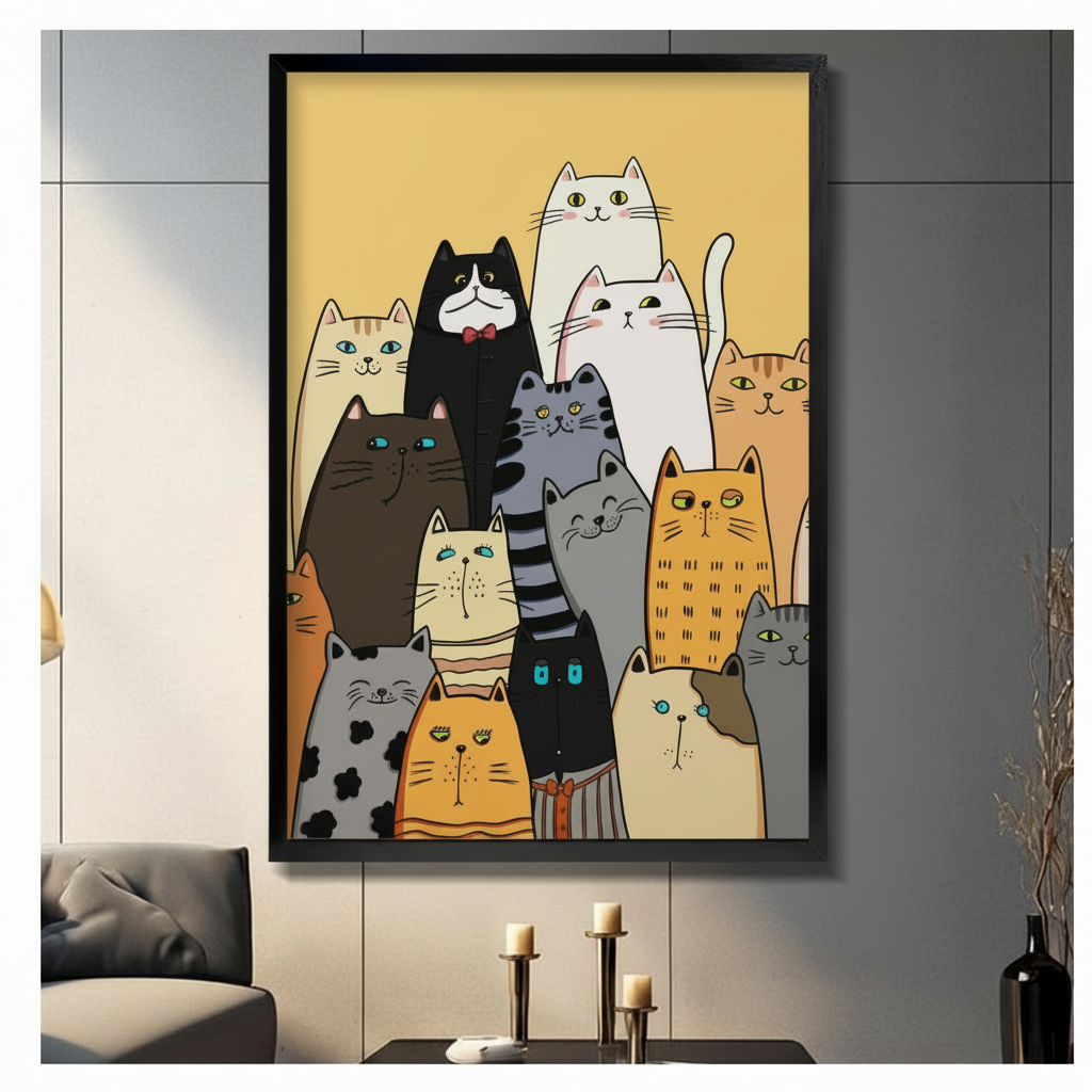 Framed cartoon cat group wall art print displayed in modern living room with grey sofa and candle decor