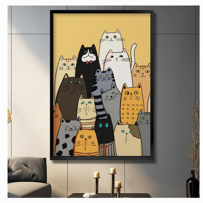 Framed cartoon cat group wall art print displayed in modern living room with grey sofa and candle decor
