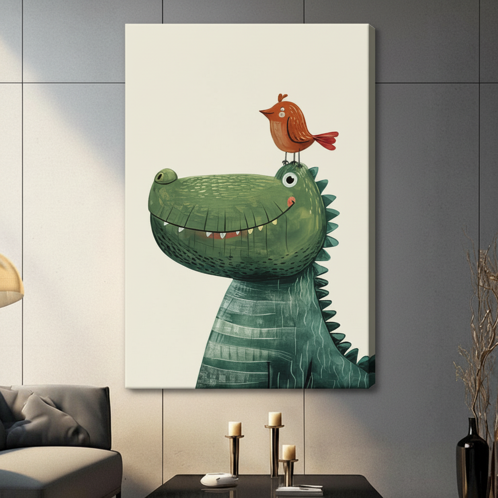 Cute crocodile and orange bird illustration on gallery-wrapped canvas, hung in modern living room with grey sofa
