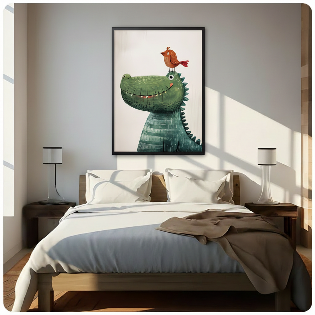 Kids cartoon crocodile and bird framed art print displayed above bed in bright minimalist bedroom with natural light