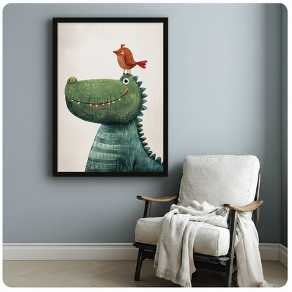 Whimsical crocodile and bird children's art print in black frame on blue-grey wall beside white linen armchair