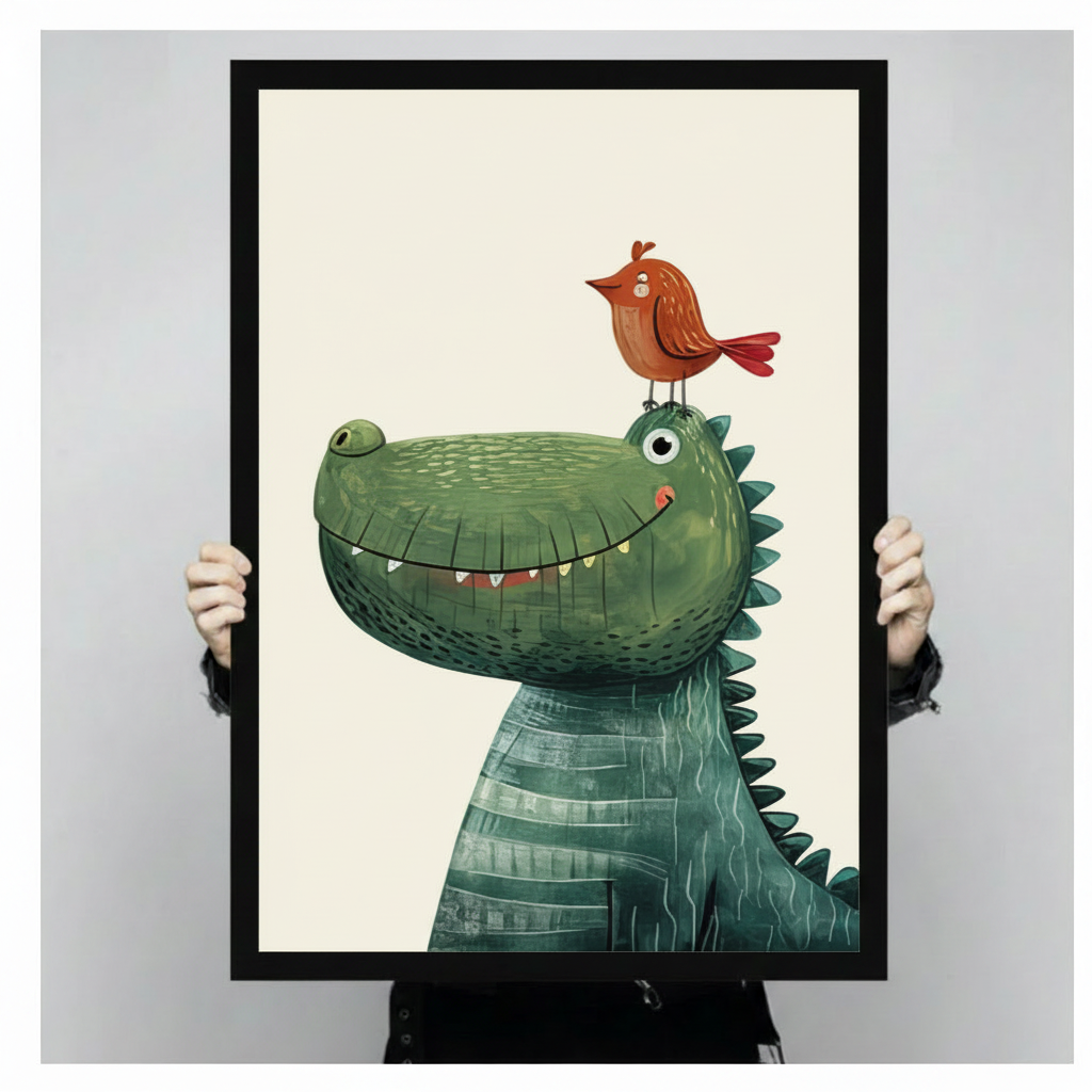 Close-up of cartoon crocodile with bird on head framed wall art print, held by hands showing print size and detail