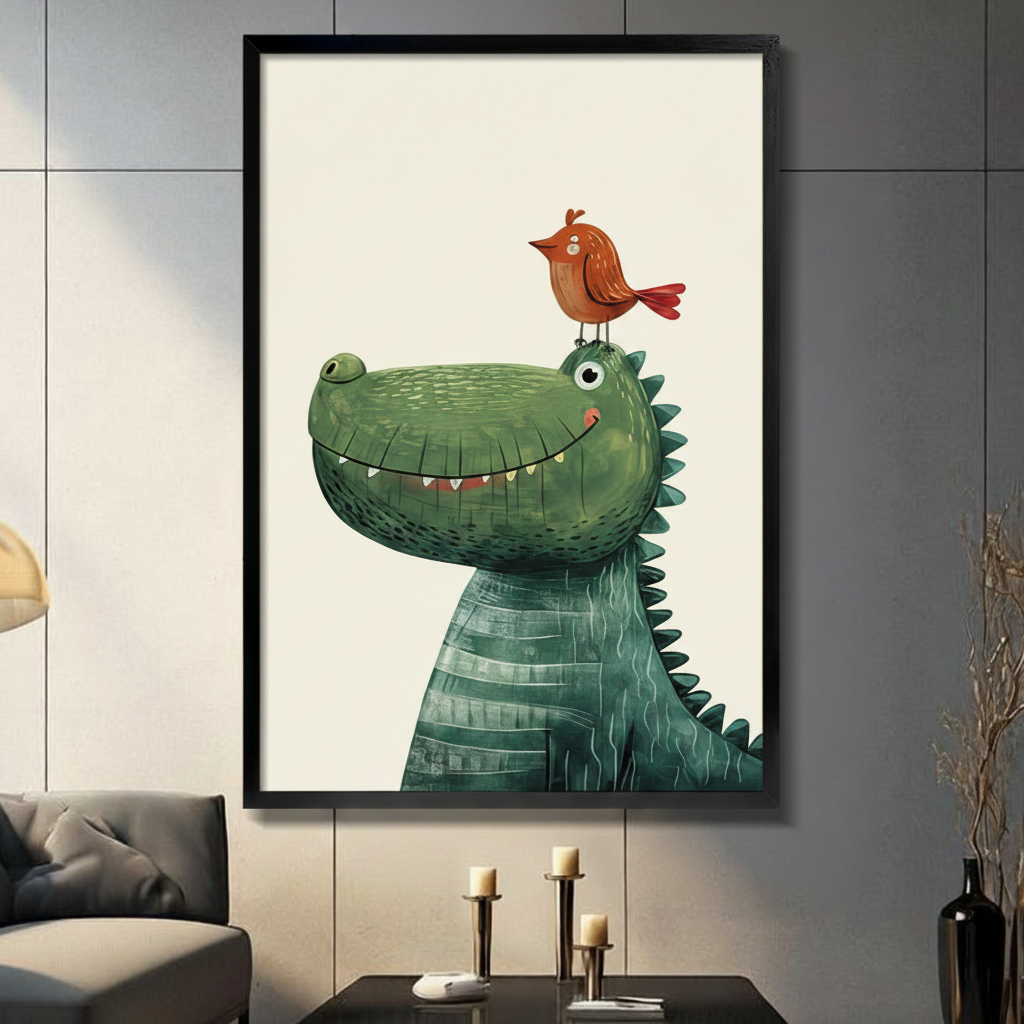 Cartoon crocodile and bird kids wall art in black frame, displayed on dark grey living room wall above candle holders