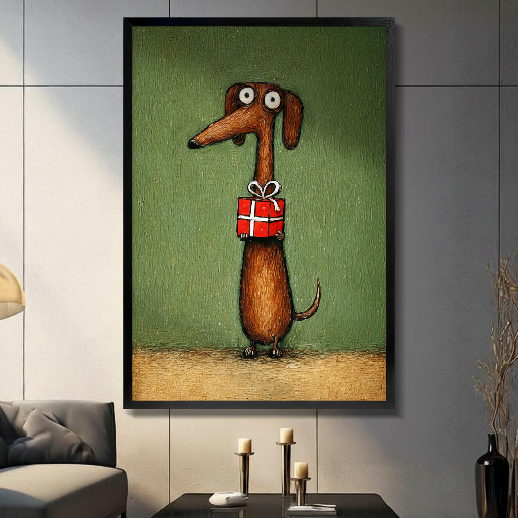 Brown dachshund standing upright holding red gift box with white ribbon impasto oil painting in black frame on grey panel wall – olive green textured background dog canvas wall art for living room