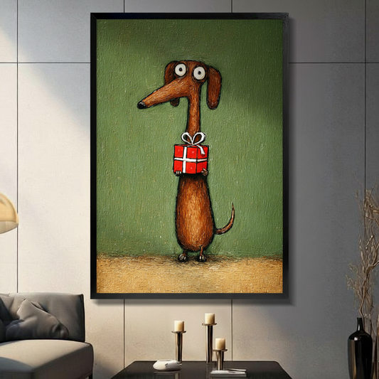 Brown dachshund standing upright holding red gift box with white ribbon impasto oil painting in black frame on grey panel wall – olive green textured background dog canvas wall art for living room