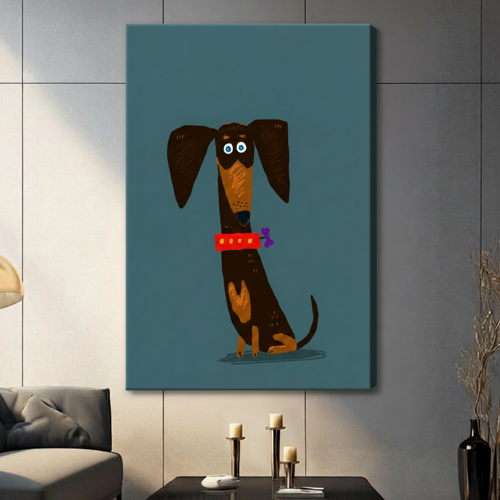 Unframed canvas print of a funny cartoon dachshund dog with blue eyes and red collar on teal background, hung in a contemporary living room