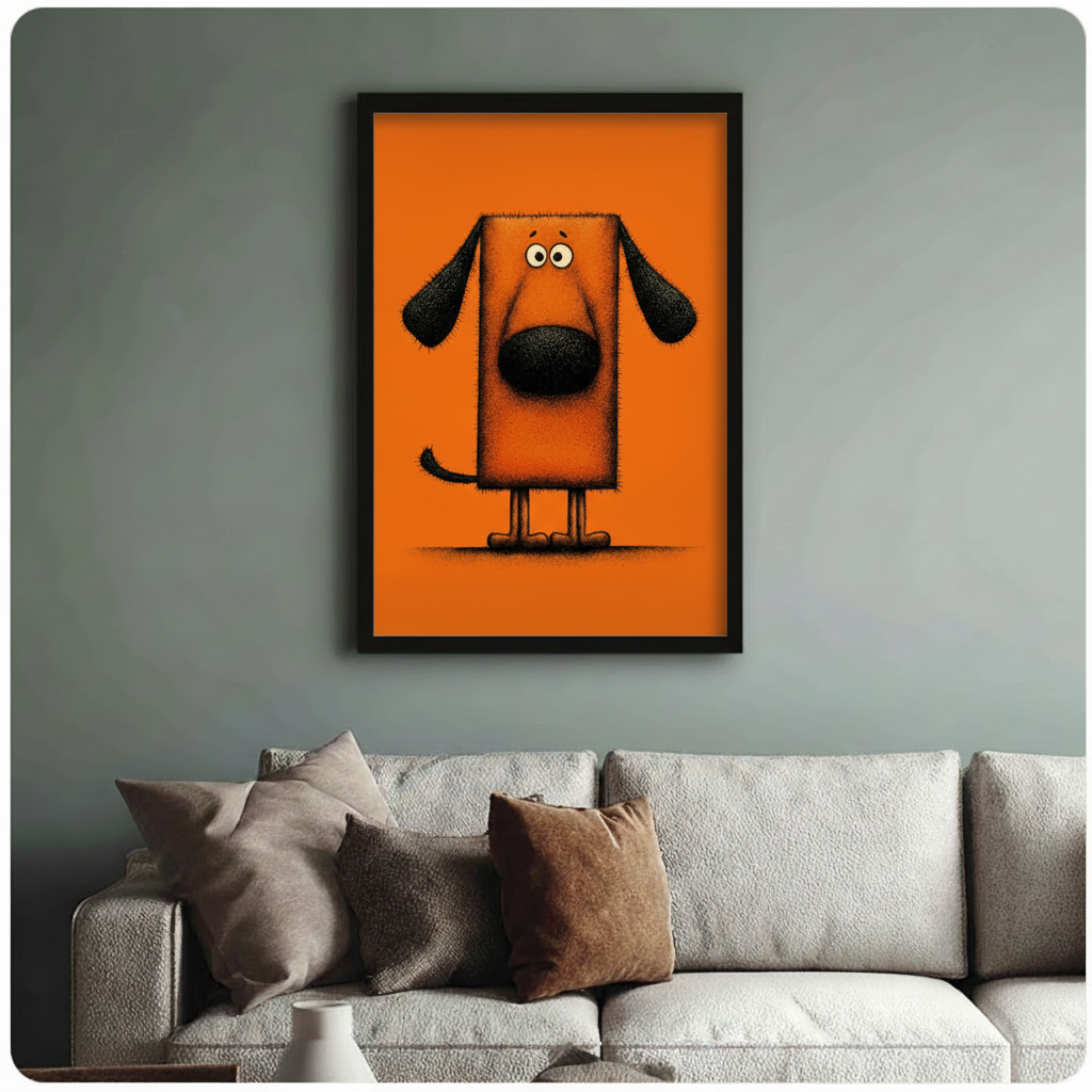 Cute cartoon dog with big nose framed art print hung above grey sofa – fun dog lover wall décor