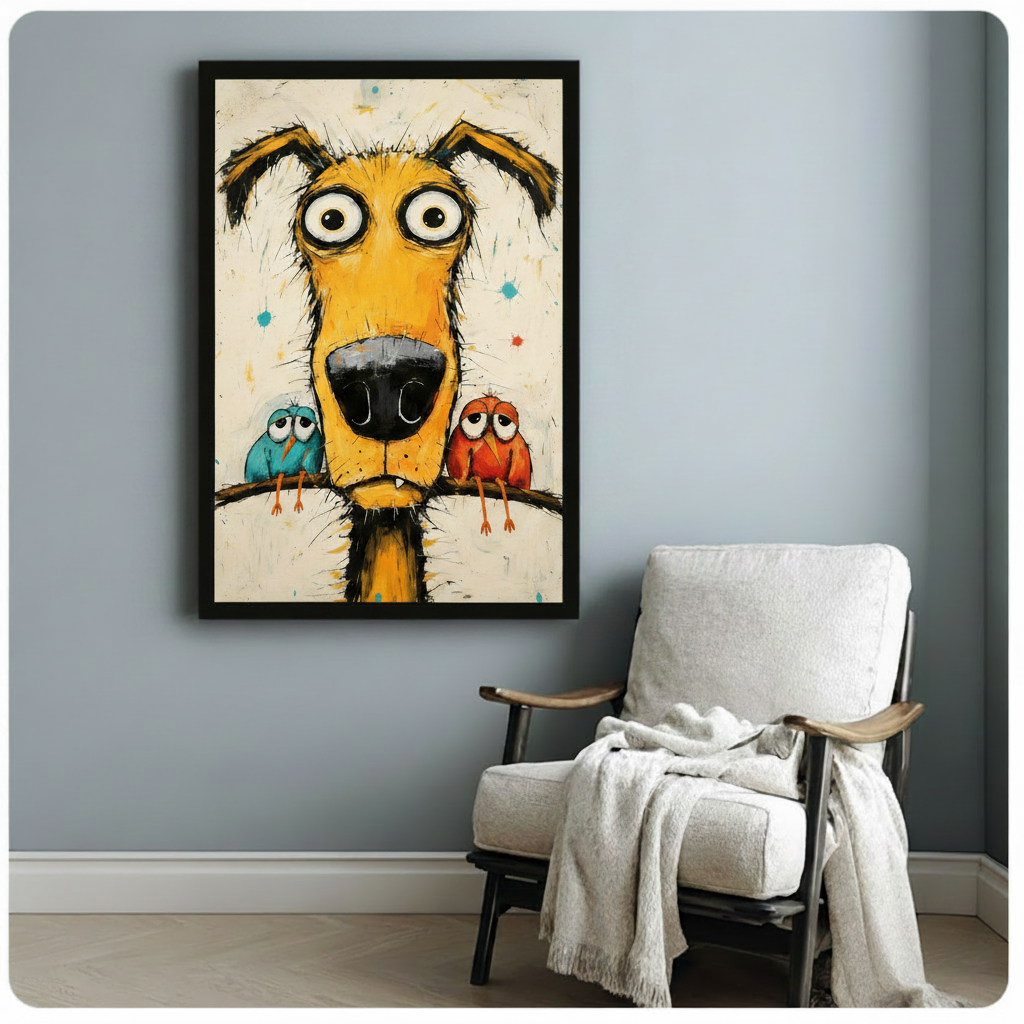 Quirky framed cartoon art of a wide-eyed dog with a teal and orange bird on a stick, styled beside a cozy armchair in a blue-grey room
