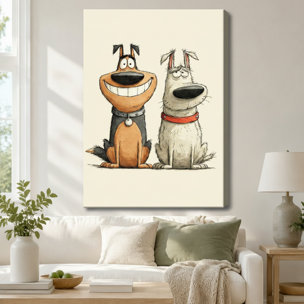 Funny cartoon brown and white dog duo gallery wrap canvas art on a cream background above a white sofa with sage green cushions, a knit throw blanket, and a ceramic table lamp in a bright living room