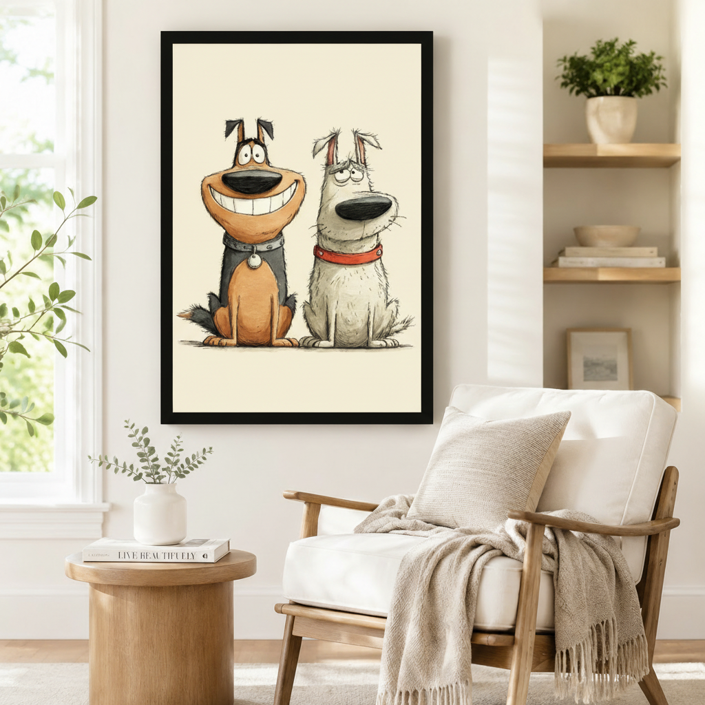 Black framed funny cartoon smiling dog and sleepy white dog duo wall art beside a white linen armchair with a linen throw blanket and open wood shelving with potted plants in a Scandinavian interior