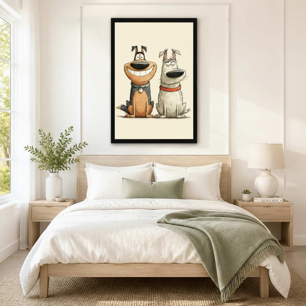 Black framed cartoon smiling dog and grumpy white dog duo canvas art above a bed with white linen bedding, a sage green throw blanket, light wood nightstands, a succulent, and a ceramic table lamp in a modern bedroom