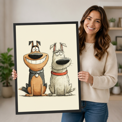 Smiling woman in cream sweater holding a black framed cartoon brown smiling dog and grumpy white dog duo art print on a cream background against a neutral indoor background with potted plants