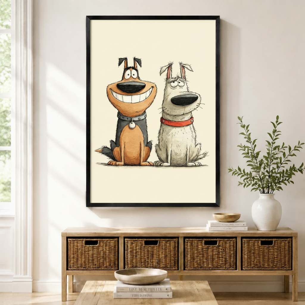 Cartoon smiling brown dog and grumpy white dog duo black framed canvas art above a rattan sideboard with wicker baskets, stacked books, and a white ceramic vase in a Scandinavian living room