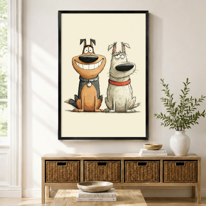 Cartoon smiling brown dog and grumpy white dog duo black framed canvas art above a rattan sideboard with wicker baskets, stacked books, and a white ceramic vase in a Scandinavian living room