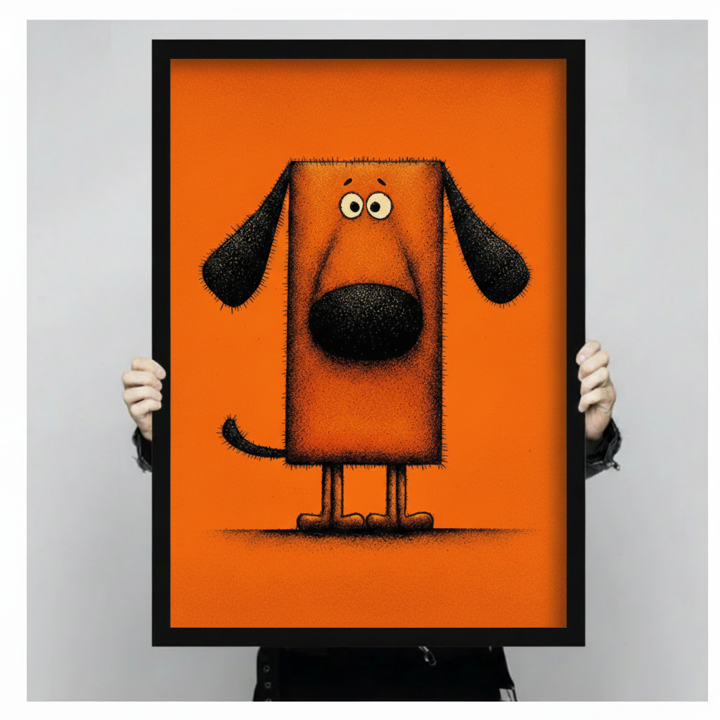 Hand-held black framed cartoon dog print on orange background – funny dog art size reference