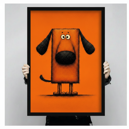 Hand-held black framed cartoon dog print on orange background – funny dog art size reference