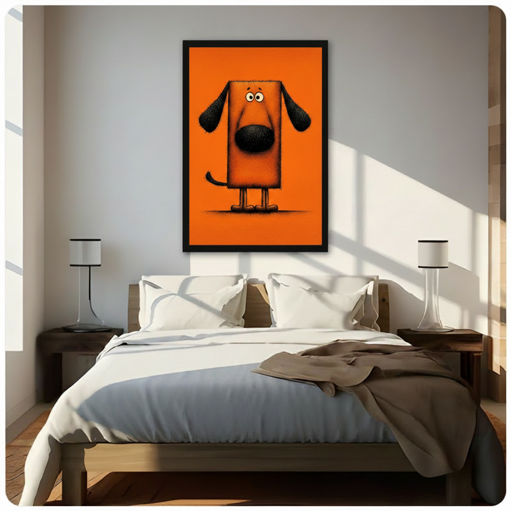 Bold orange cartoon dog framed print above bed in bright bedroom – fun dog lover home décor