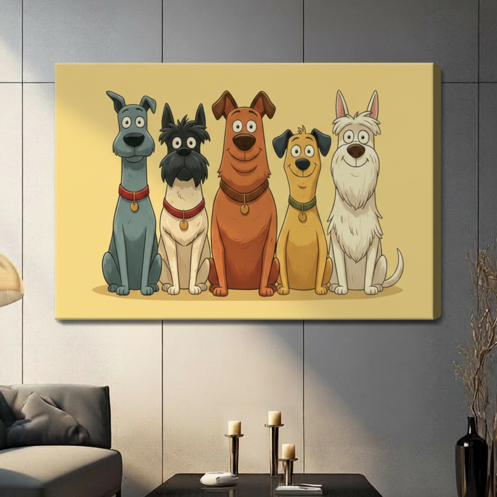 Cartoon dog squad five breeds gallery wrap canvas art in warm yellow displayed on a dark gray paneled wall above a gray sofa with pillar candle holders and a black decorative vase