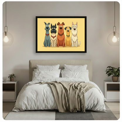 Black framed cartoon dog squad five breeds canvas art in warm yellow above a bed with white linen bedding, a taupe throw blanket, white open nightstands, potted plants, and globe pendant lights in a modern bedroom