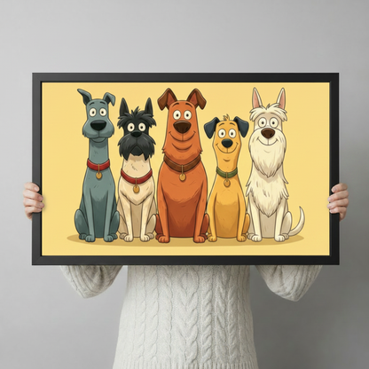 Person in cream cable-knit sweater holding a black framed cartoon five dog breeds art print in warm yellow against a light gray backdrop